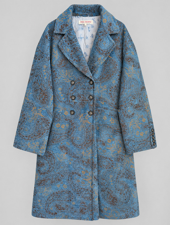 Free People Jackets & Blazers - Free People Paisley Long Coat Womens L Blue Double Breasted OB2296200 NWT
